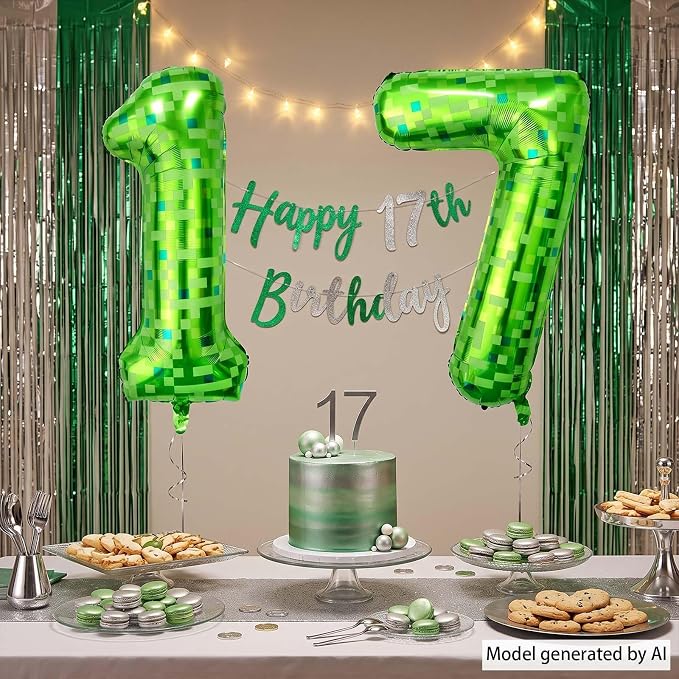 40 Inch Lime Green Pixel Number 17 Balloon, 17th Teen Gamer Party Supplies | - Image 5
