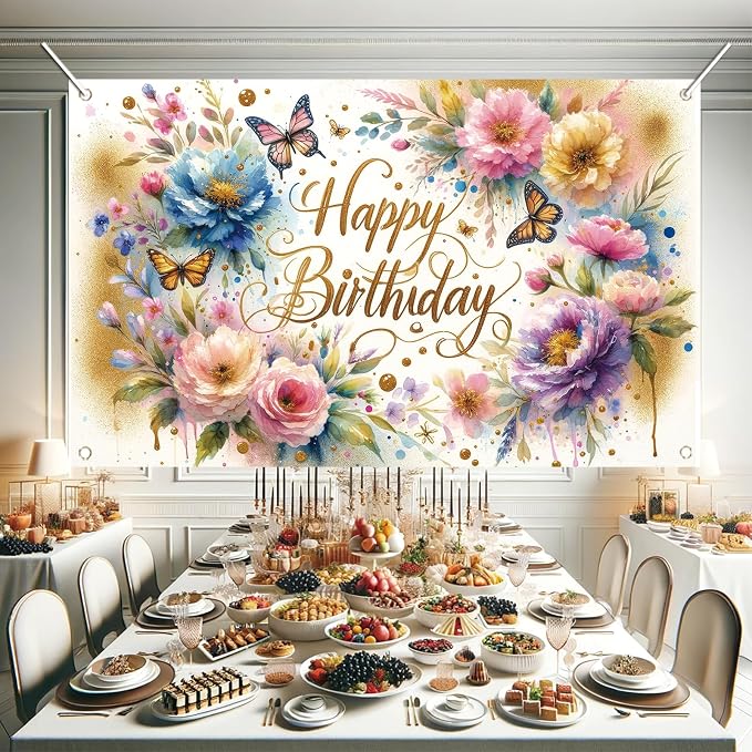 Floral Birthday Backdrop for Girls Spring Butterfly Happy Birthday Photography - Image 4