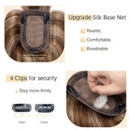 SEGO Hair Toppers for Women Real Human Hair With Bangs, 7 * 13CM Silk Base 100% Remy Human Hair Clip in Top Wiglet Hairpieces Add Volume -12 Inch Medium Brown&Dark Blonde