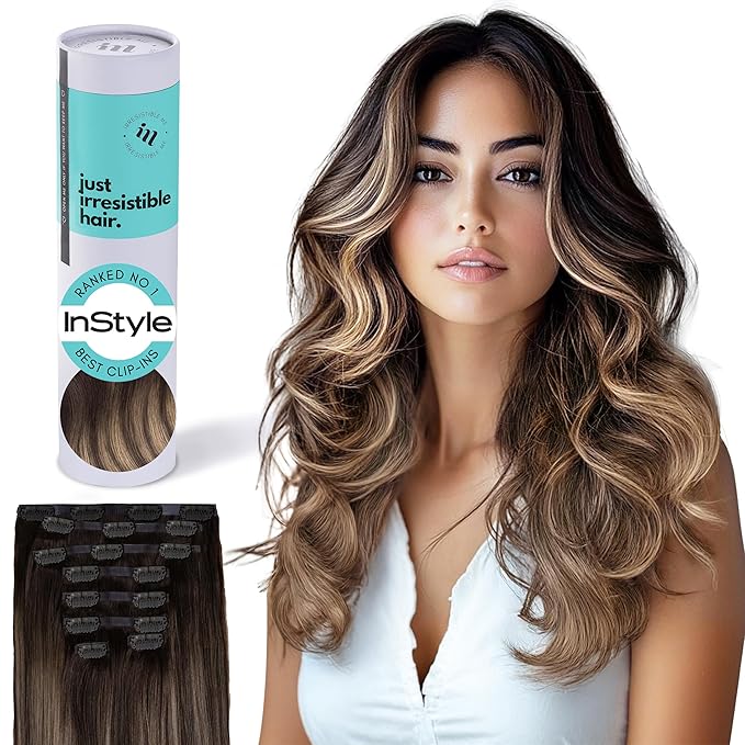Irresistible Me Real Human Hair Extensions Clip Ins – 100% Human Hair Clip In Extensions for Length & Volume – Invisible Extension – Heat Resistant & Dyeable – Ash Brown Balayage, 14 Inches