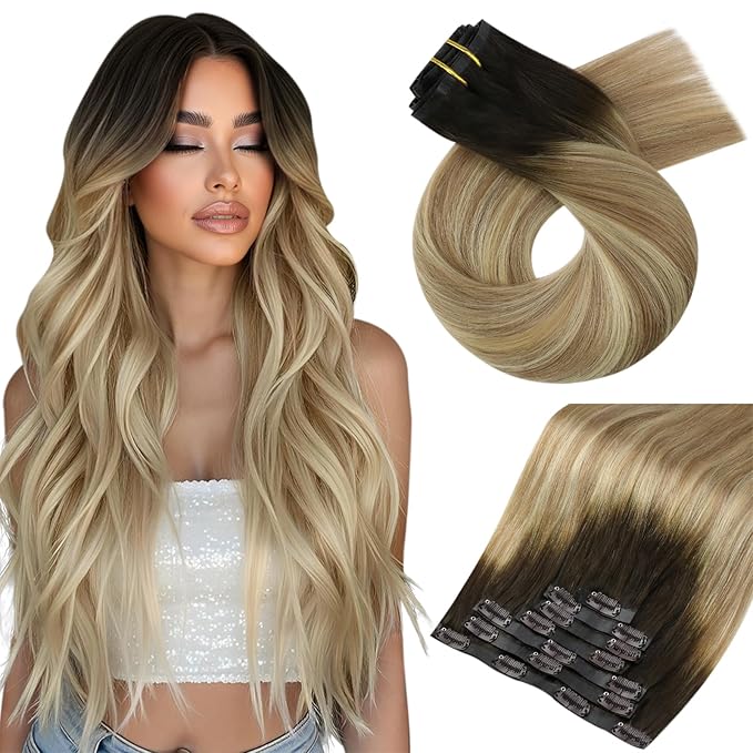 Moresoo Seamless Clip in Hair Extensions Human Hair Balayage Remy Straight PU Weft Human Hair Clip in Extensions Full Head Ombre Brown to Light Brown with Golden Blonde 7pcs/120g 22inch