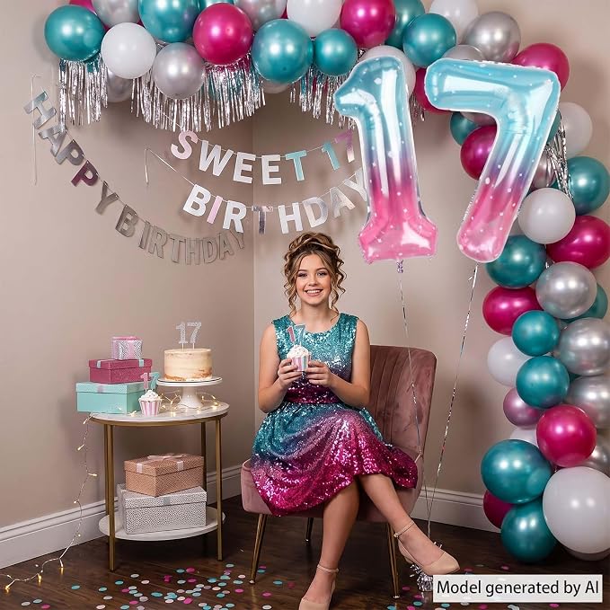 40 Inch Blue Pink Number 17 Balloon, Giant Ombre Foil 17th Birthday Decor | - Image 7