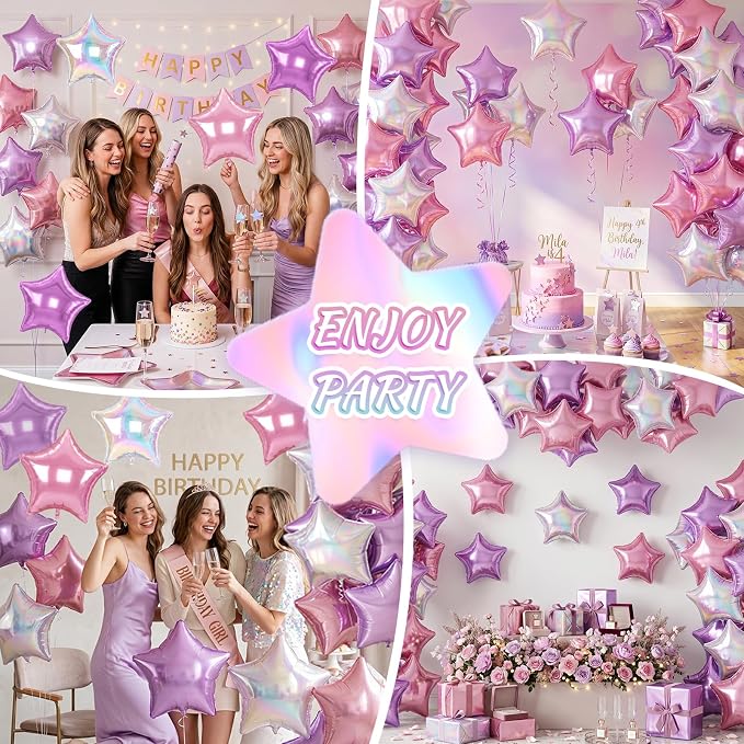 Pink and Purple Star Balloons, 18 Inches Iridescent Star Foil Balloons - Image 5