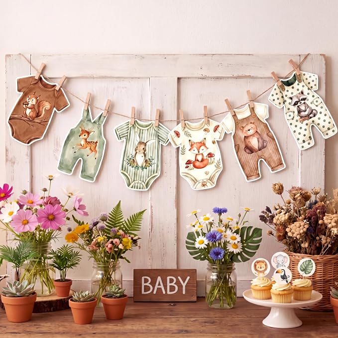 Frienda Woodland Animal Baby Shower Banner Gender Neutral Decorations Sage by Frienda