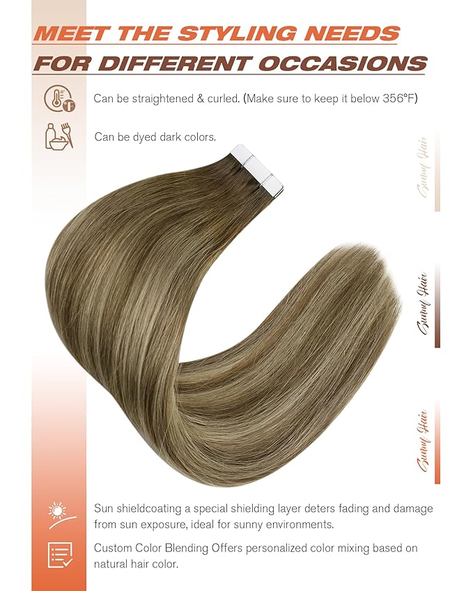 Sunny Hair Tape in Hair Extensions Human Hair,Balayage Brown with Blonde Hair Extensions Tape in 14 Inch Real Human Hair Tape in Extensions 40Pcs 100g