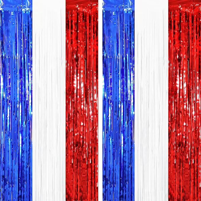 Voircoloria Red White Blue Foil Fringe Backdrop Curtains, 2 Pack | Tinsel by Voircoloria