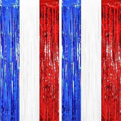 Voircoloria Red White Blue Foil Fringe Backdrop Curtains, 2 Pack | Tinsel by Voircoloria