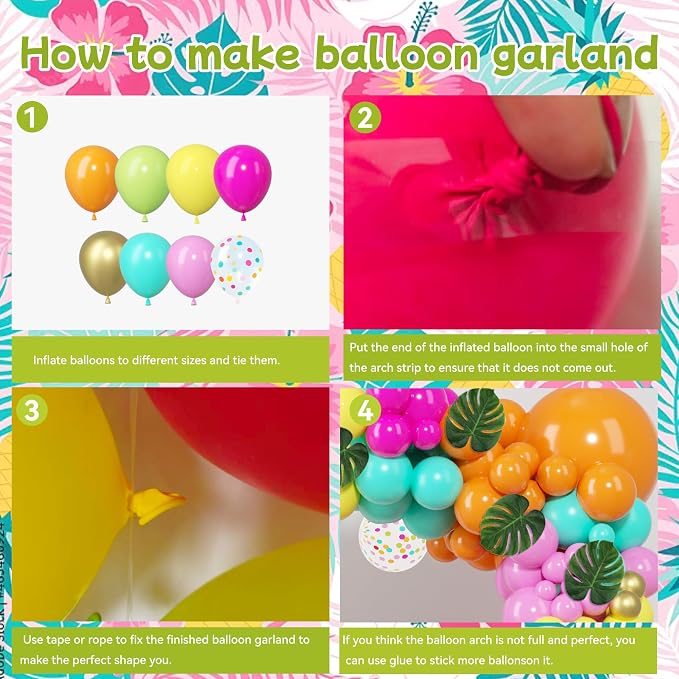 142pcs Summer Hawaiian Tropical Neon Balloon Arch Kit, Palm Leaves | Flamingo - Image 3