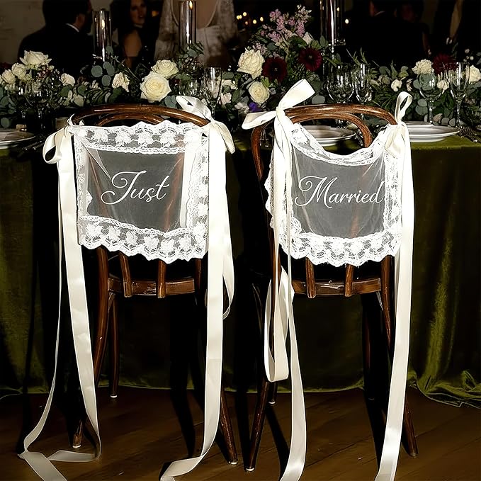 2 Pcs Personalized Sheer Lace Wedding Chair Sign - Image 2