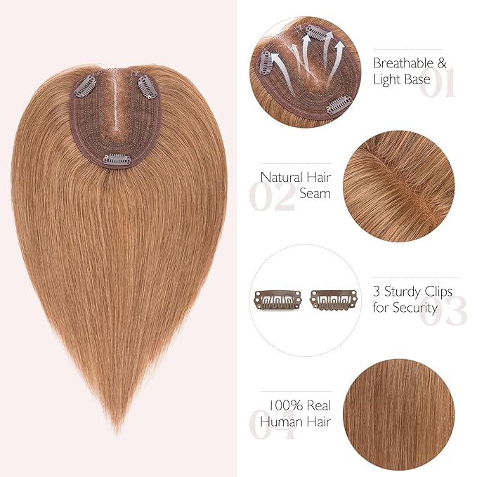 Hairro 100% Human Hair Topper No Bangs, Real Clip in Hair Hairpieces for Women, 3.94x4.72" Silk Base for Thinning Receding High Hairline, 12 Inch Light Brown Middle Part