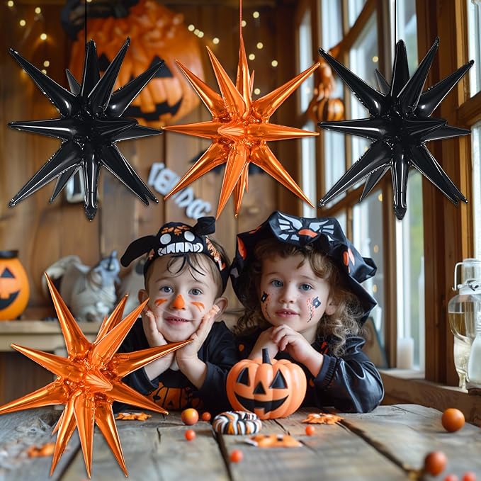 TONIFUL 4 Pcs Explosion Star Balloons Black and Orange Foil Party Decor | 22 - Image 4