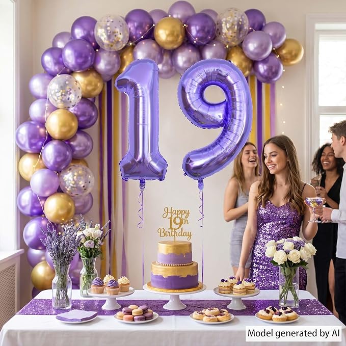 Purple Number 19 Balloon 40 Inch, Large Metallic Lavender Mylar Foil 19 Balloons - Image 6