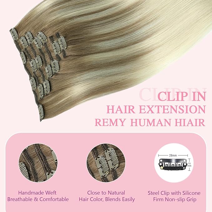 PINKPEARL Human Hair Clip in Hair Extensions 20inch #8T60 Ash Brown to Platinum Blonde Balayage Clip in Hair Extensions Real Human Hair 7pcs 120g Natural Remy Human Hair(#8T60-20)