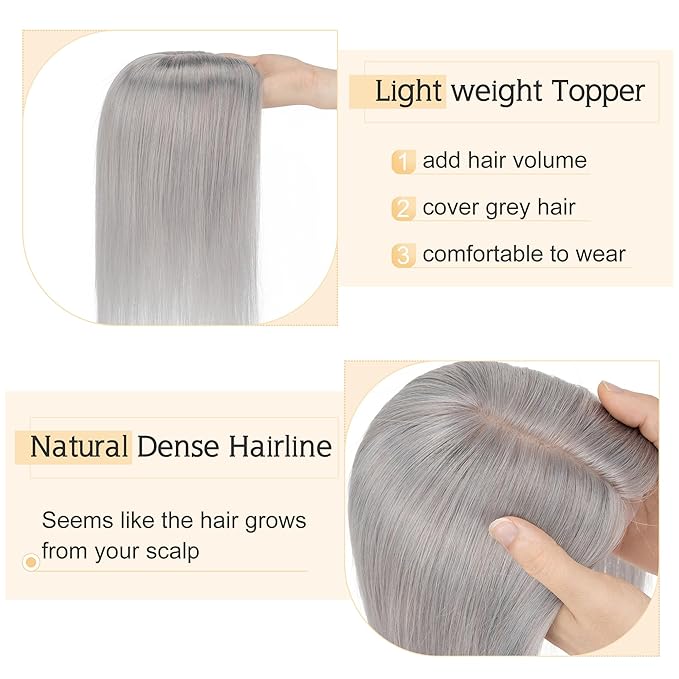 SEGO Grey Hair Toppers for Women Real Human Hair No Bangs, 7 * 13 CM Silk Base Clip In Topper Wiglet, Top Pieces Add Volume -10 Inch G1 Silver Grey