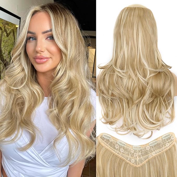 ALXNAN Long Wavy Hair Extensions for Women, Clip in Hair Extensions Clip Ins Soft Layered Synthetic Hairpieces 20 Inch Light Brown mix Golden Blonde