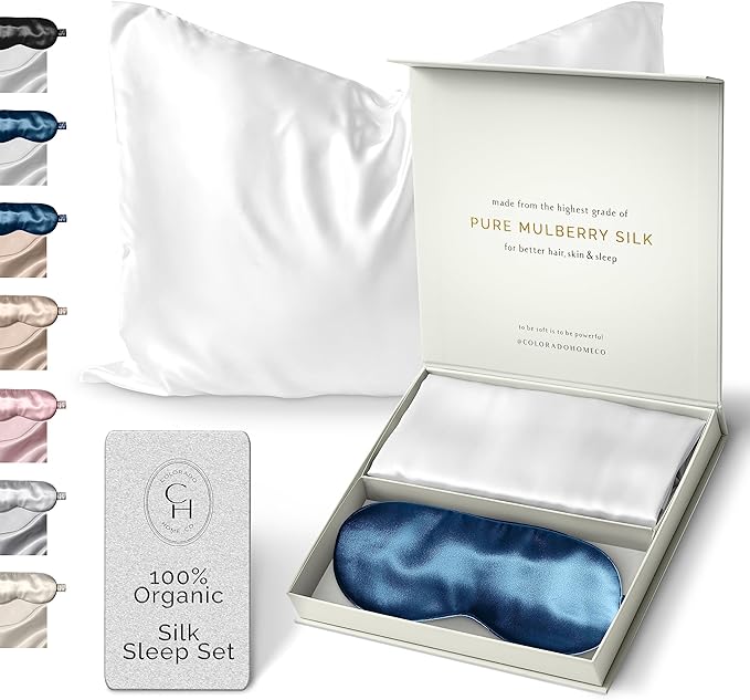 Mulberry Silk Pillowcase Set - Queen Size, Midnight Blue Sleep Mask Included