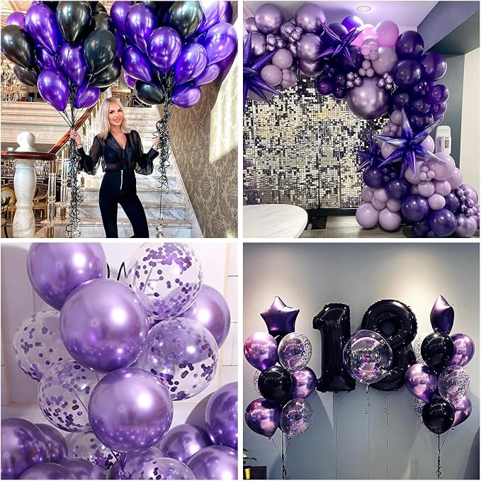 Purple and Black Balloons, 12 Inch Metallic Purple Black Party Balloons - Image 5