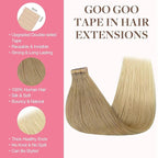 GOO GOO Tape in Hair Extensions Human Hair, O18G/22G(L) Golden Beige Blonde with Ash Highlights, 24inch 50g 20pcs, Skin Weft Seamless Invisible, Silky Straight with Thick Ends, Remy Human Hair