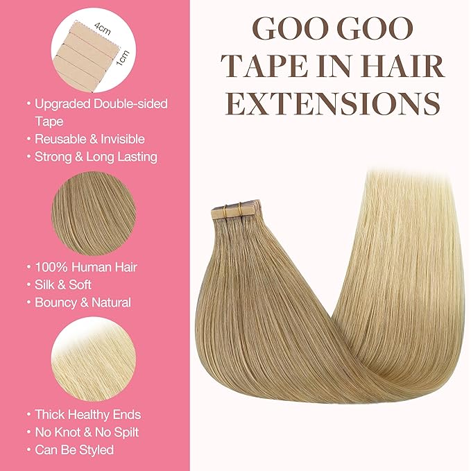GOO GOO Tape in Hair Extensions Human Hair, O18G/22G(L) Golden Beige Blonde with Ash Highlights, 24inch 50g 20pcs, Skin Weft Seamless Invisible, Silky Straight with Thick Ends, Remy Human Hair