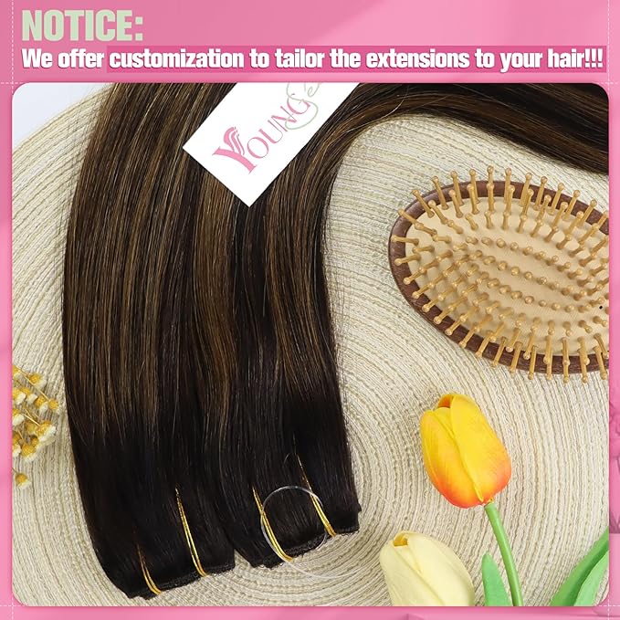 YoungSee 130G Wire Hair Extensions Human Hair Brown Ombre Hair Extensions Invisible Wire Darkest Brown Balayage Medium Brown Headband Hair Extension Real Human Hair 20Inch