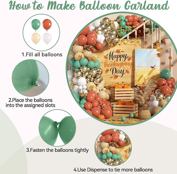 Fall Balloon Garland Arch Kit, Burnt Orange Sage Green White Nude Metallic Gold - Image 3