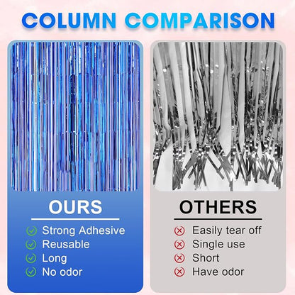 Voircoloria Blue Foil Fringe Backdrop Curtains, 2 Pack | Tinsel Streamers - Image 3