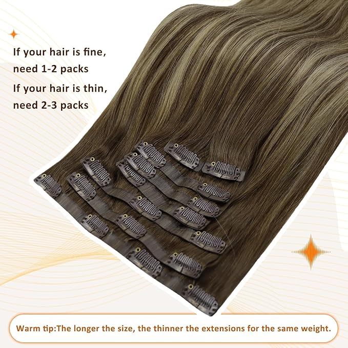 Full Shine Human Hair Clip in Extensions Brown Balayage Seamless Clip in Hair Extensions Human Hair Medium Brown with Honey Blonde Highlights Natural Seamless Look 18 Inch 8 Pcs 120 G