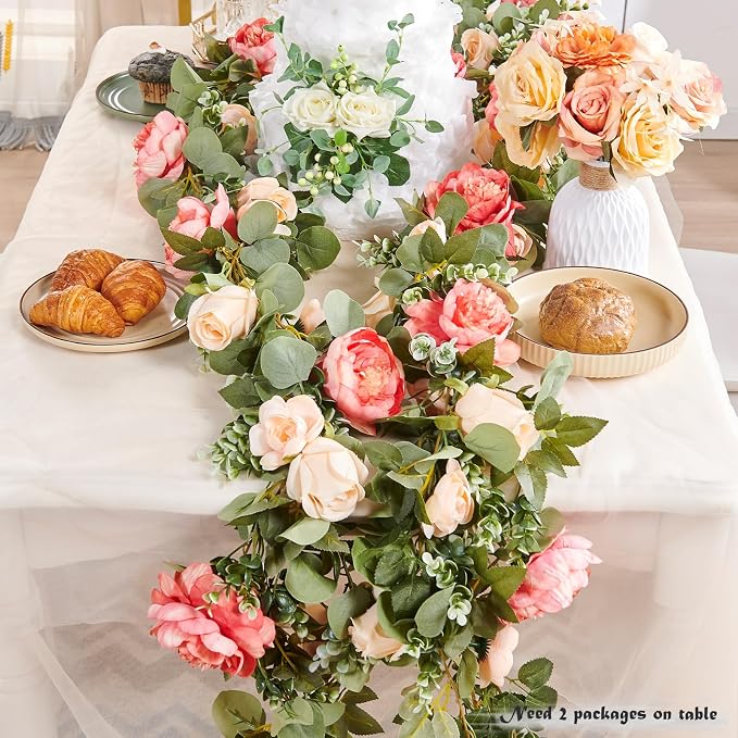 Artificial Flower Garland 5.4ft Rose Vine Decor, Champagne Pink Flower | - Image 3