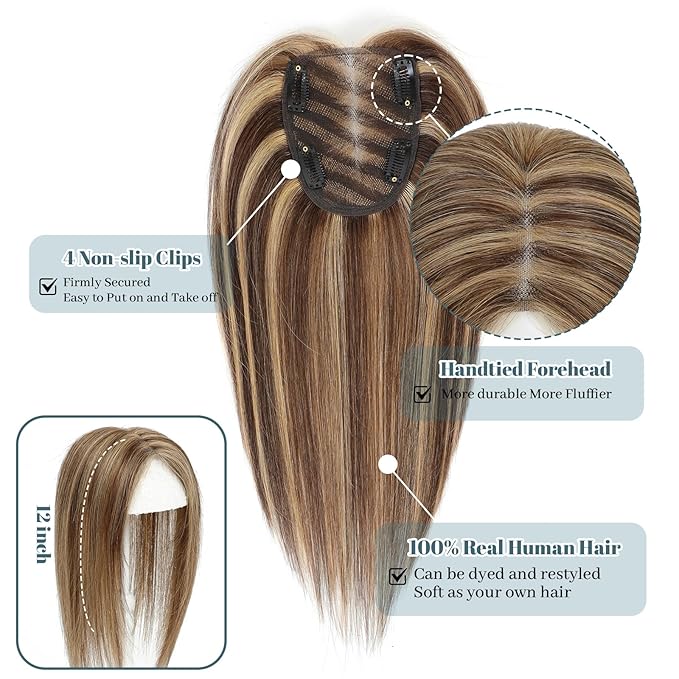 Human Hair Toppers for Women Real HairTopper with Thinning Hair 120% Density Round Shaped Swiss Base Hair Pieces 40g-Medium Brown Mix Blonde with Dark Brown Root（4P27）