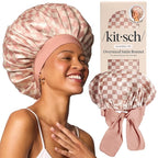 Kitsch XL Satin Bonnet for Sleeping - Softer Than Silk Hair Bonnet For Women - Secure Fit, Adjustable Night Cap For Curly & Textured Hair - Prevents Breakage, Tangles & Thinning - Terracotta Checker