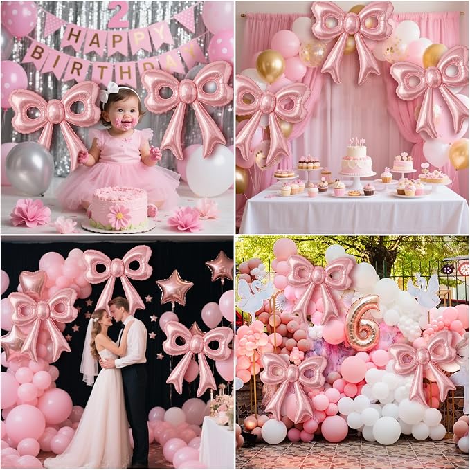 Pink Happy Birthday Balloons, 31”Huge Pink Bow Aluminum Foil Balloons - Image 5