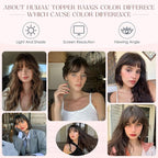 Human Hair Topper with Bangs for Women, 360° Cover Clip in Curtain Bangs Hair Toppers Hair Piece with Highlights 3.15x4.33 Hand-tied Base Medium Brown&Dark Blonde