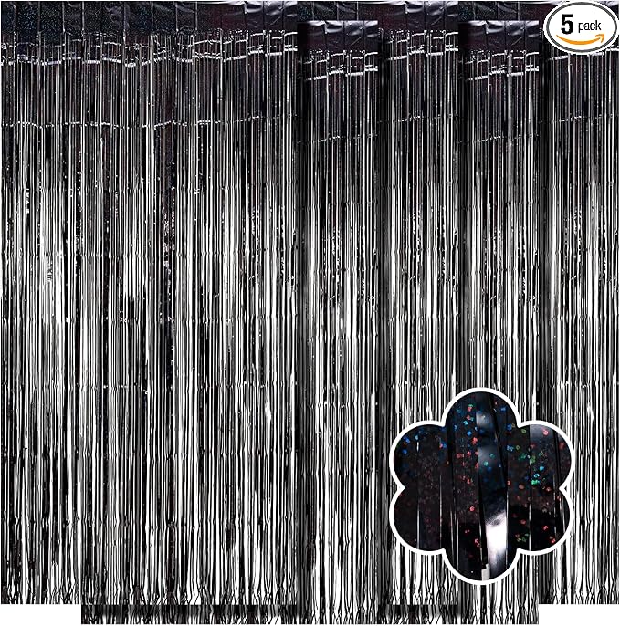 5 Pack Black Foil Curtain Backdrop 3.2ft x 9.8ft Metallic Tinsel Foil Fringe by Ohiyoo