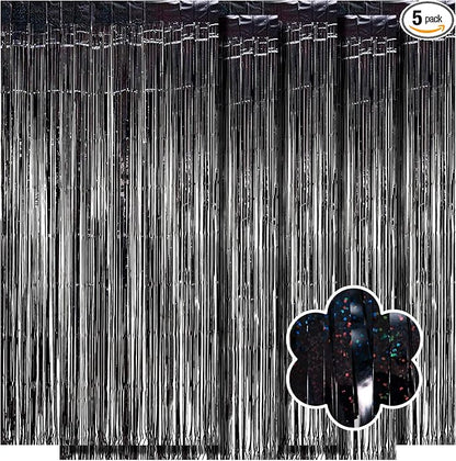 5 Pack Black Foil Curtain Backdrop 3.2ft x 9.8ft Metallic Tinsel Foil Fringe by Ohiyoo