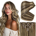 Ve Sunny Clip in Hair Extensions Real Human Hair Brown Highlights Hair Extensions Clip ins Dark Brown mit Caramel Blonde Human Hair Clip in Extensions Easy to Wear 20 Inch 7pcs 120g