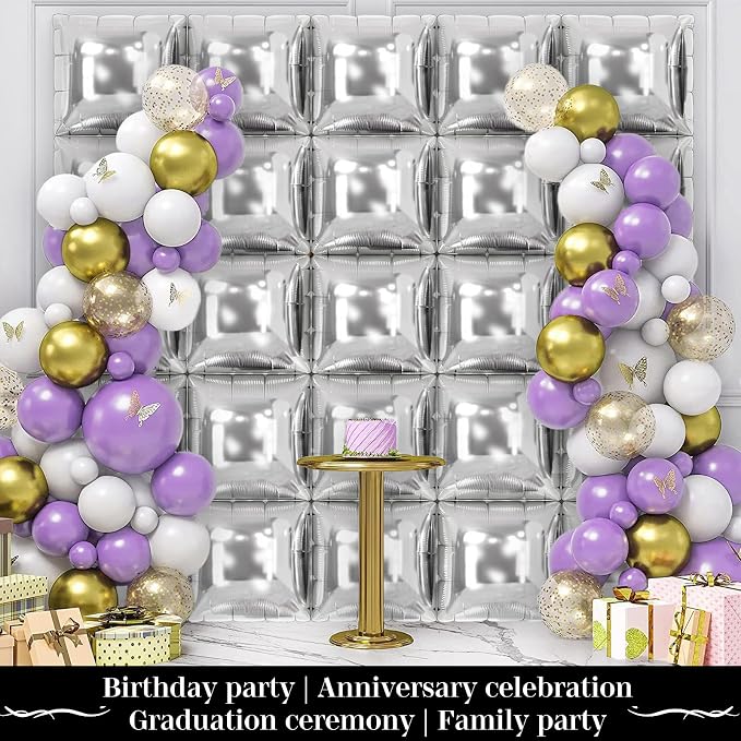 Silver Square Balloon Wall Square Foil Balloons Wall Backdrop 25 Pcs Double - Image 5