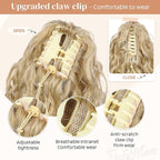 Flufymooz 100％ Pure Protein Ponytail Extension, 18 Inch Curly Claw Clip Ponytail Hair Extensions Natural Soft pony tail hairpiece for women-Deep Blonde with Ash Blonde Highlights
