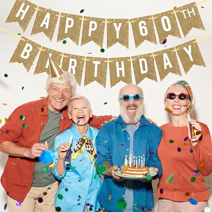 Netnology Pre-Strung Gold Glitter 60th Happy Birthday Banner Decorations | 12 - Image 7