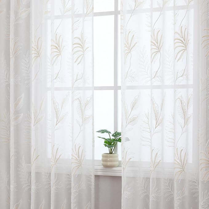 White Sheer Curtains Beige Embroidered Leaf 2 Panels 96 Inches | Light - Image 6