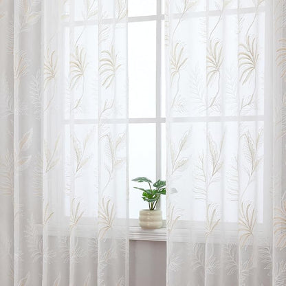 White Sheer Curtains Beige Embroidered Leaf 2 Panels 96 Inches | Light - Image 6