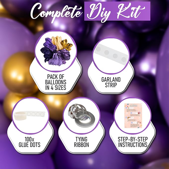 ALL-IN-1 Purple and Gold Balloon Arch & Garland Kit – Small and Large Purple - Image 2