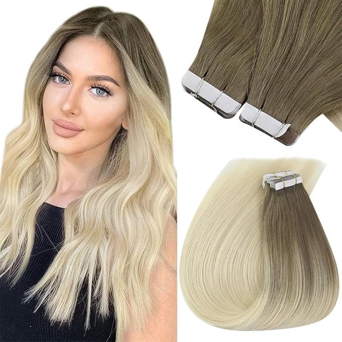 Sunny Hair Tape in Hair Extensions Real Human Hair Invisible Remy Hair Extensions Tape ins for Women Light Brown Root to Platinum Blonde Balayage 16 inch 20Pcs 50G