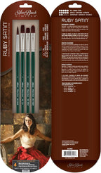 Silver Brush Limited RS-2504 Ruby Satin Mixed-Media Variety Set, Paintbrushes for Oil, Acrylic, and Heavy Body Paints, Set of 4, Size 4 Round, Flat, Bright, & Filbert Brushes, Long Handle