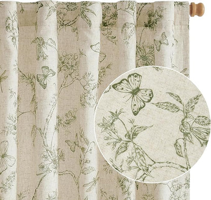 Green Floral Linen Lined Curtains Rod Pocket 50W X 90L 2 Panels | Charlotte by Lazzzy