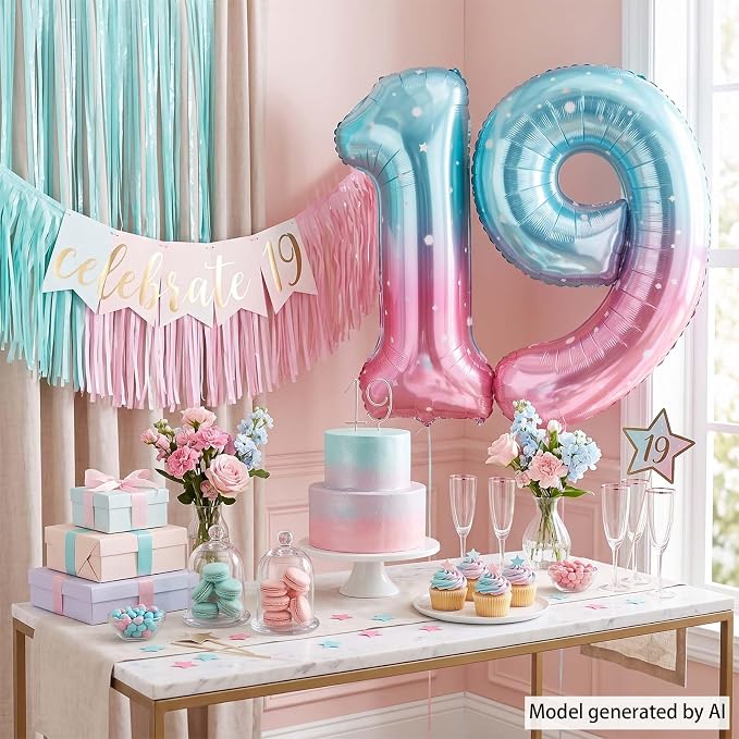 40 Inch Blue Pink Number 19 Balloon, Ombre Foil 19th Birthday Party Decor | - Image 7