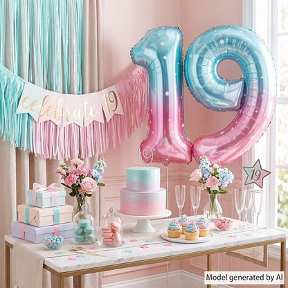 40 Inch Blue Pink Number 19 Balloon, Ombre Foil 19th Birthday Party Decor | - Image 7