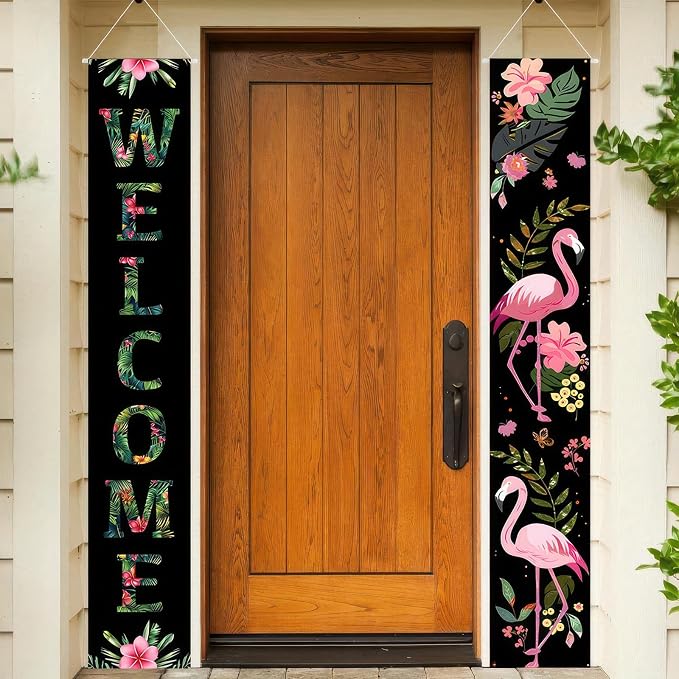 BlissYard 2pcs Black Pink Summer Door Banner Hawaiian Flamingo Porch Banners - Image 4