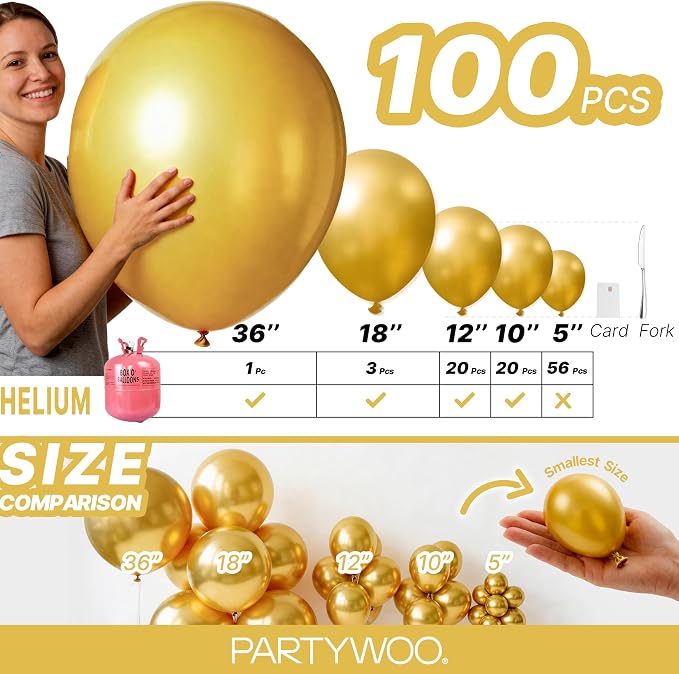 PartyWoo Gold Balloons 100pcs Different Sizes of 36 18 12 10 5 Inch | Balloons - Image 6