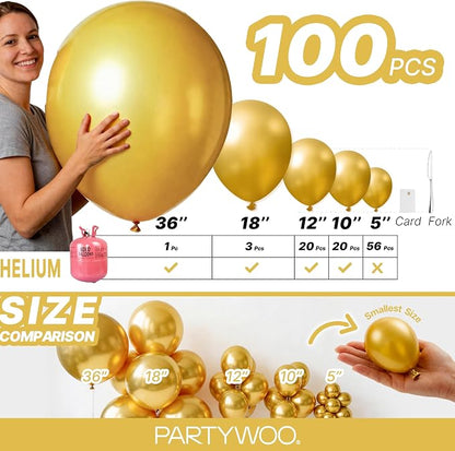 PartyWoo Gold Balloons 100pcs Different Sizes of 36 18 12 10 5 Inch | Balloons - Image 6
