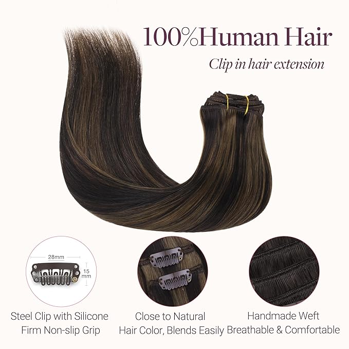 GOO GOO Clip in Hair Extensions Real Human Hair, Remy Human Hair Extensions Clip ins for Women, Natural Human Hair, 24inch 150g 9 Pcs, #2/6 Dark Brown Highlighted Chestnut Brown